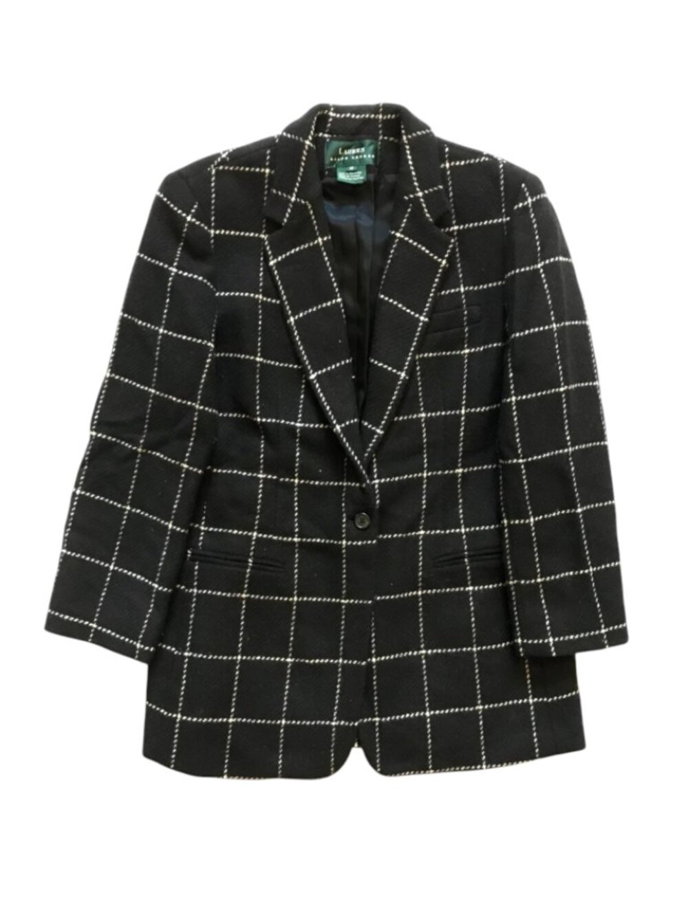 Vintage Ralph Lauren 90's Windowpane Blazer Jacket Womens 10 Black White Wool